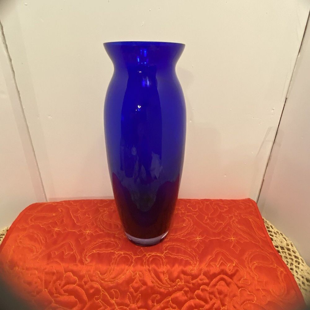 Cobalt Blue Clear Bottom Glass Vase Hand Blown Art 12" Vase.‎